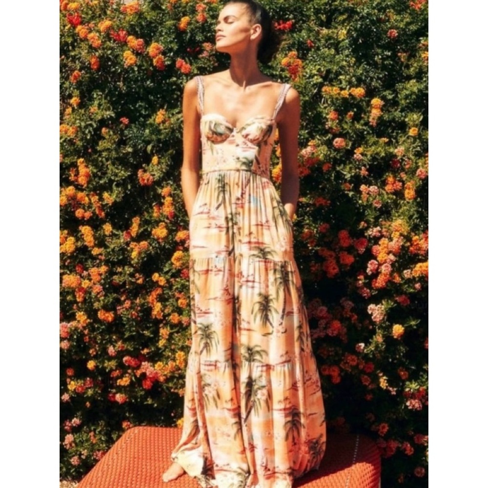 Agua Bendita dunna tiered maxi dress luau tropical beach palm tree print